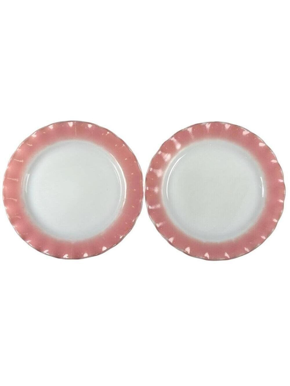 Set of 2 Vintage Hazel Atlas Crinoline Pink Milk Glass Ruffled Plates USA